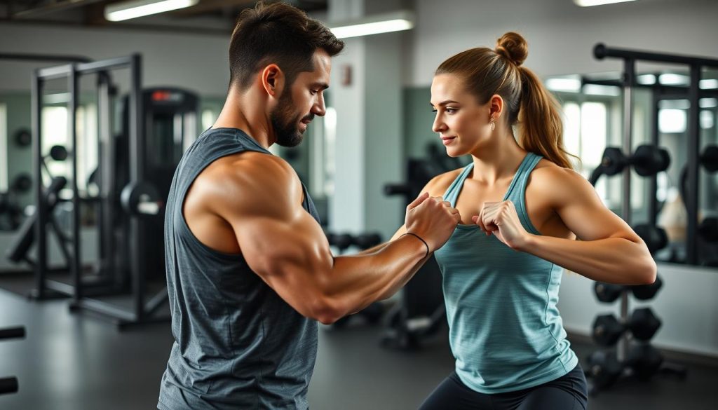 Image generation prompt for personal trainer certification: A fitness professional working with a client in a gym setting.