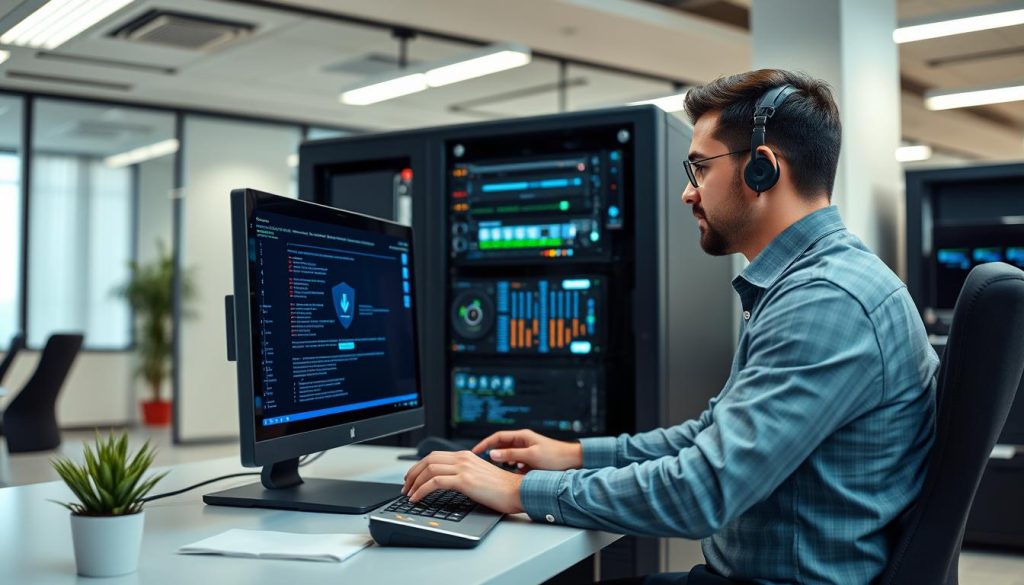 Image generation prompt for technology services: "An IT specialist setting up cybersecurity for a business"