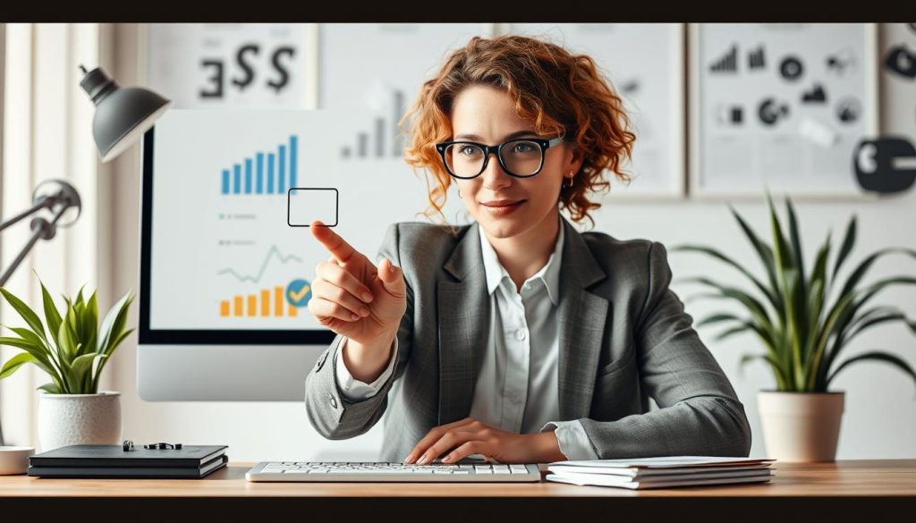 Image generation prompt: une professionnelle choisissant une société de portage salarial sur un ordinateur