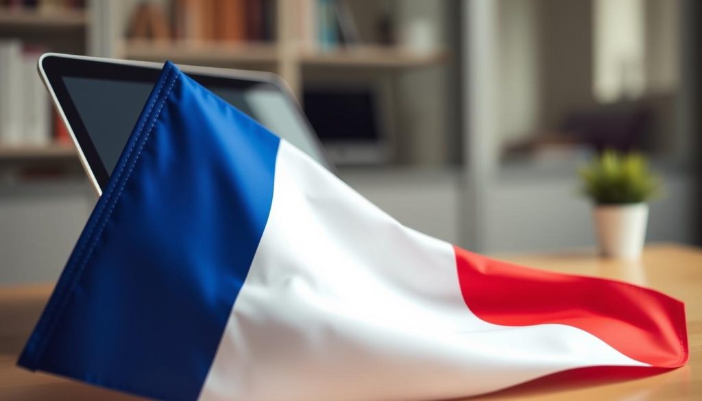 Image of a French flag with a laptop in the background