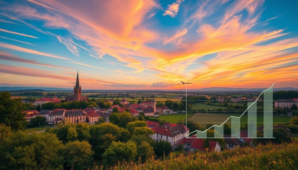 Image of a French landscape with a subtle background of graphs representing social security contributions