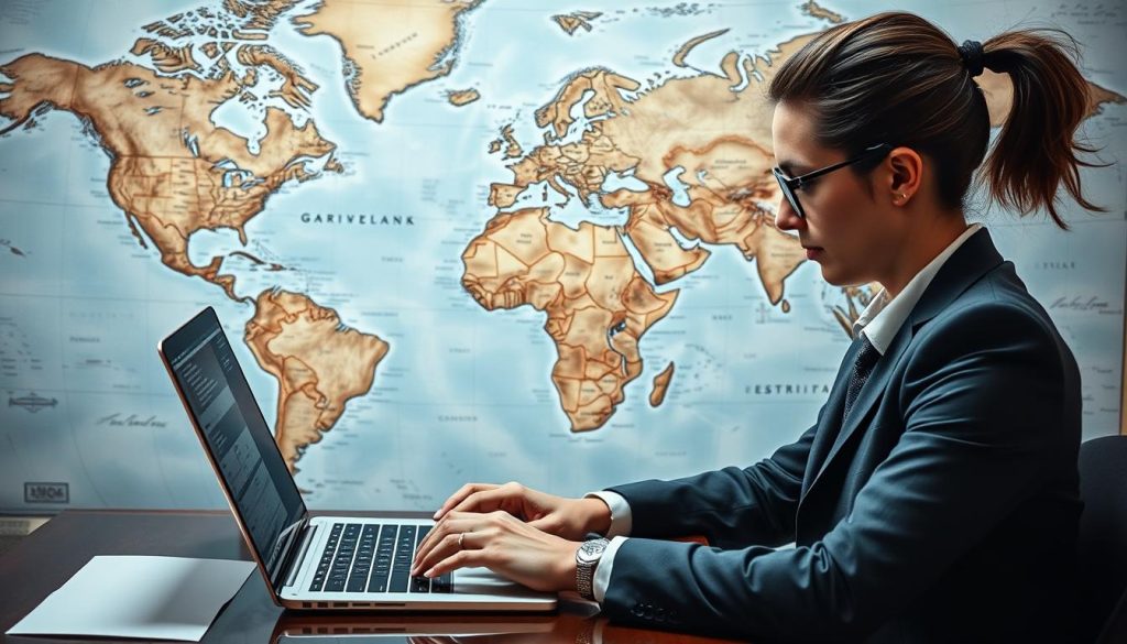 Image of a business professional managing projects on a laptop with a global map in the background.