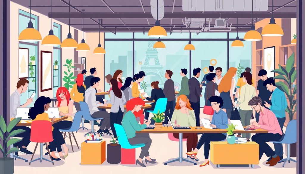 Image of a bustling coworking space in Paris with diverse professionals