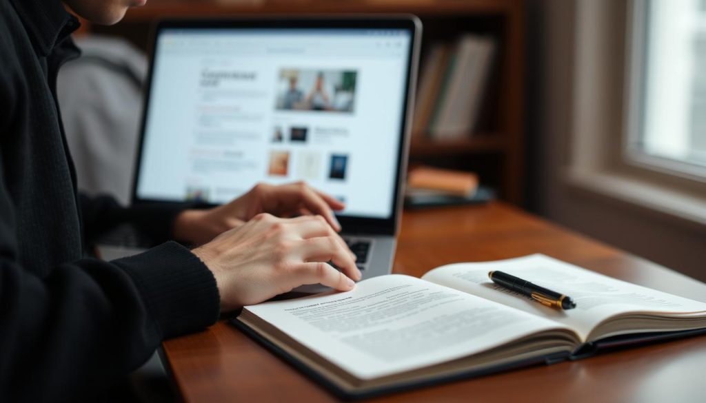 Image of a person typing on a laptop with a notebook and pen nearby