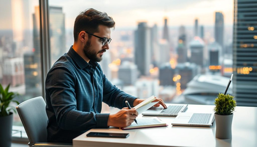 Image of a professional freelancer working with a laptop and a notebook, with a subtle background of a cityscape.