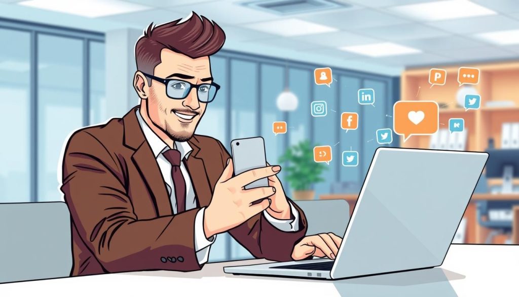 Image of a professional using social media on a laptop