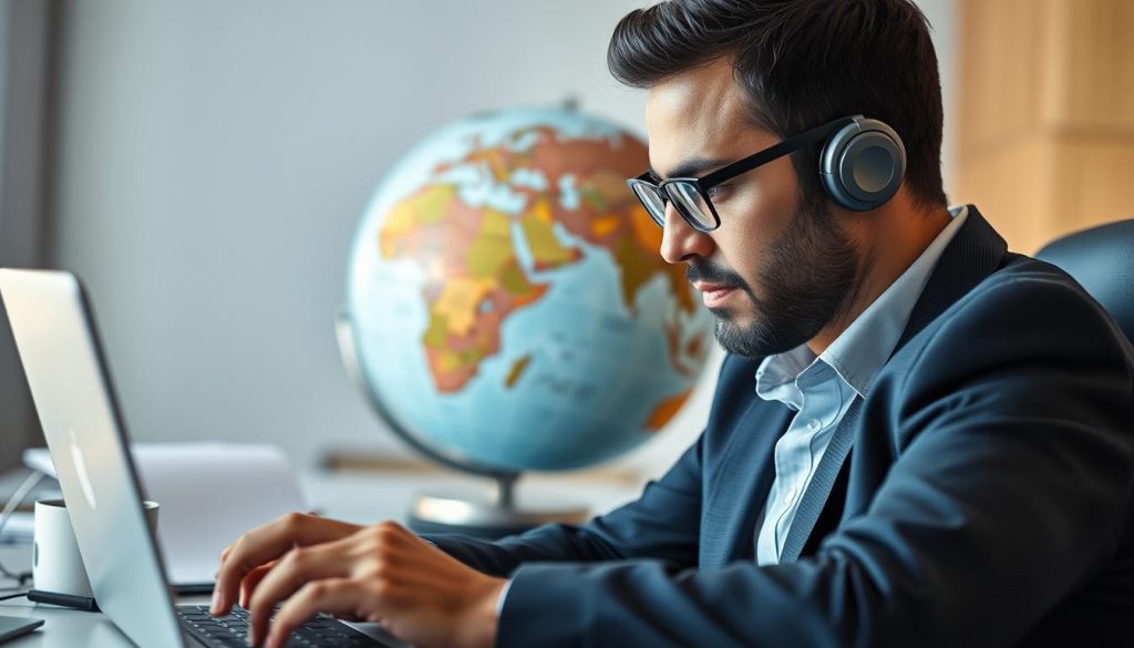 Image of a professional working remotely with a globe in the background