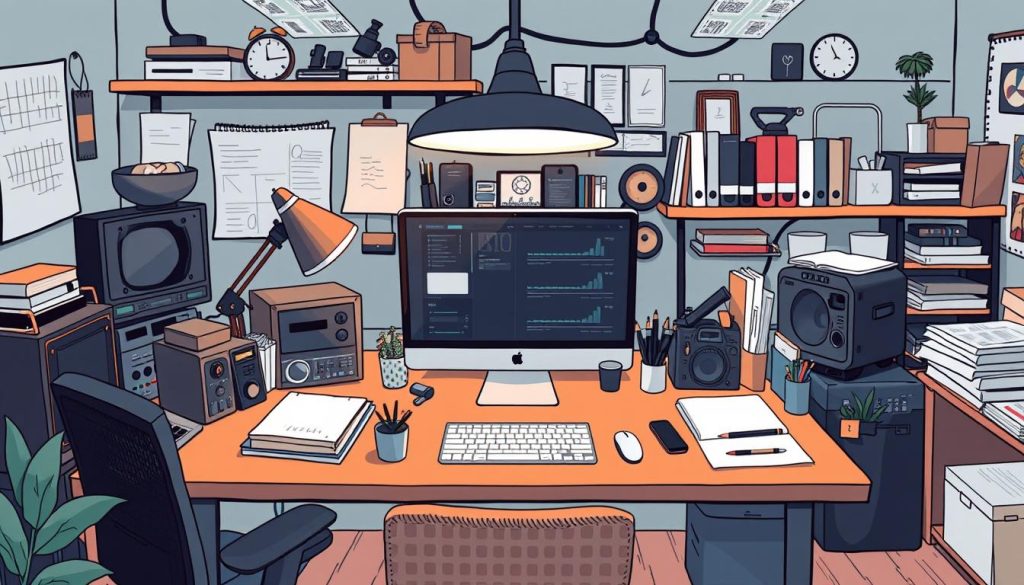 Image of a professional workspace with various equipment and stock