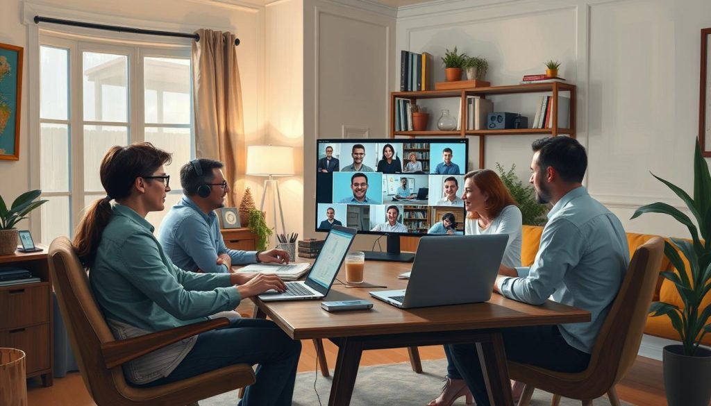 Image of a remote worker collaborating with colleagues on a project