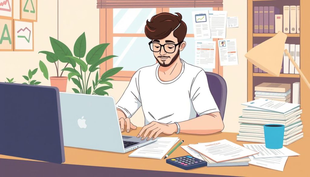 Image of a self-employed individual managing finances with a laptop and paperwork