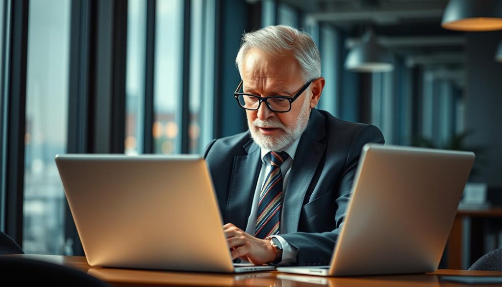Image of a senior professional working on a laptop