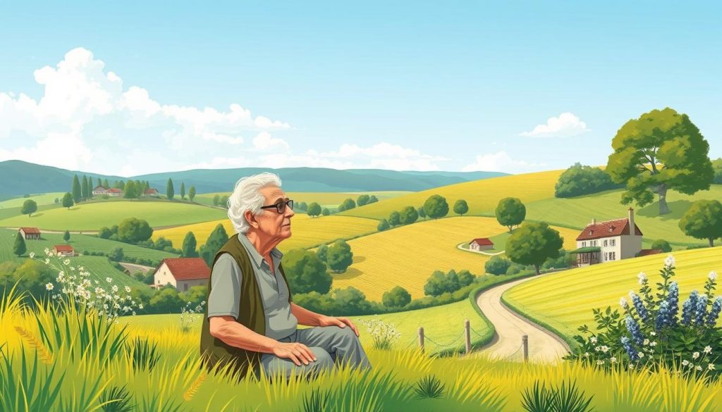 Image of a serene French landscape with a retiree enjoying a peaceful life