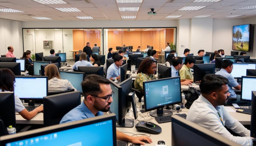 Image of a telecenter with employees working on computers and meeting rooms in the background