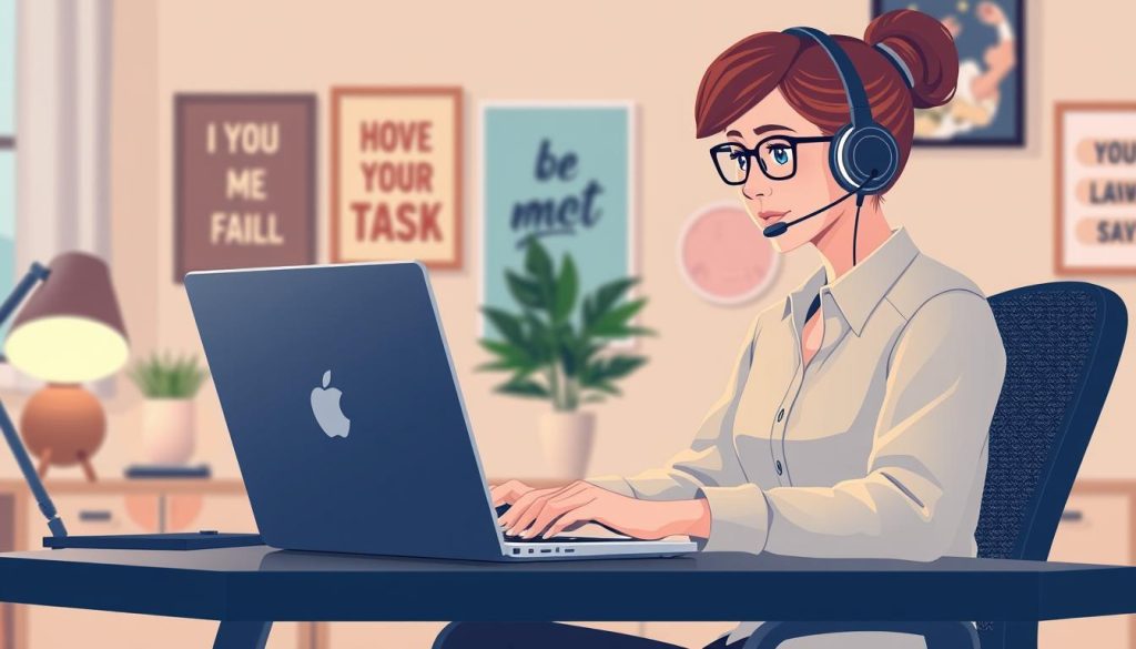 Image of a virtual assistant working on a laptop with a headset