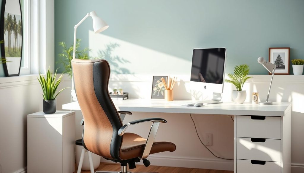 Image of an ergonomic home office setup with a comfortable chair, a large desk, and a computer monitor at eye level.