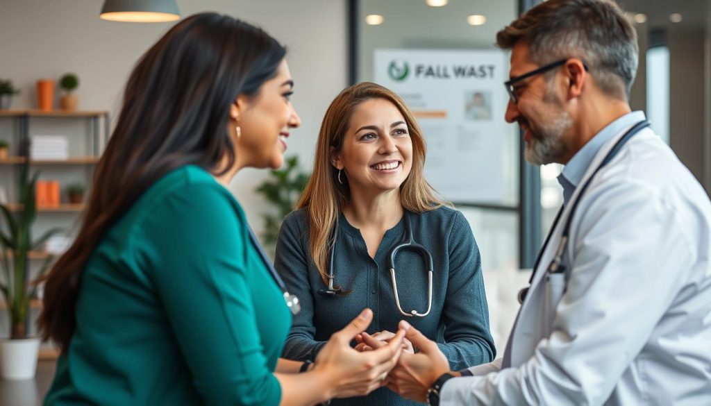 Image représentant un professionnel de la santé en consultation avec un client, avec une société de portage salarial en arrière-plan.