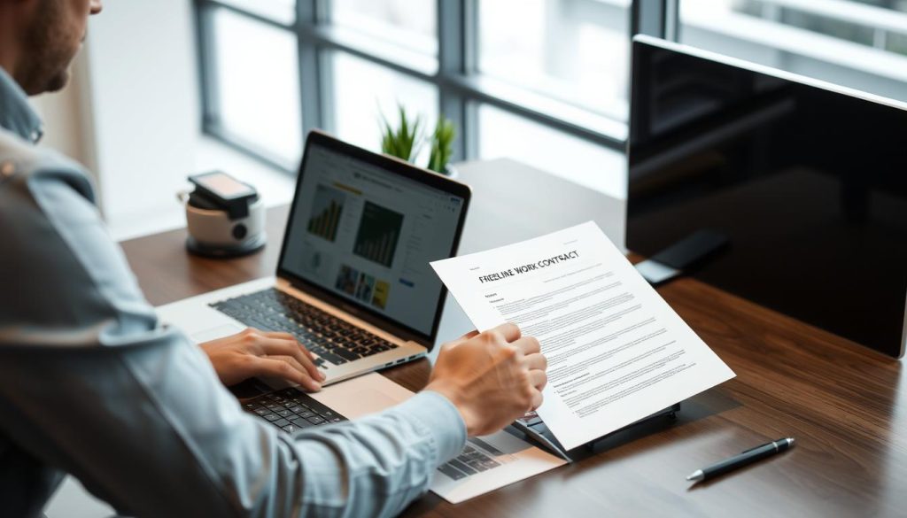 Image représentant un professionnel indépendant en train de travailler sur son ordinateur avec un contrat de portage salarial à côté.