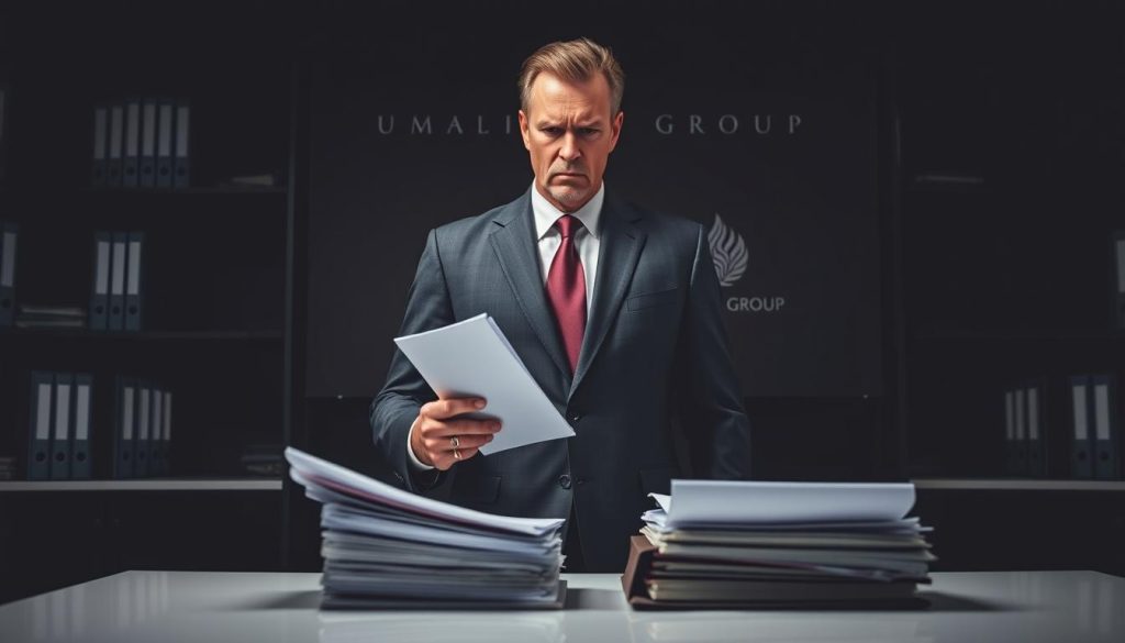 Imposing restrictions and contractual limitations of a salarial portage employment arrangement. A stern-faced executive in a tailored suit stands in a dimly lit corporate office, casting a watchful gaze over a stack of legal documents, conveying the gravity and complexities of this specialized employment status. Shadowy shelves of binders and a sleek, minimalist desk evoke an atmosphere of professional formality and controlled environment. The UMALIS GROUP logo discreetly appears in the background, hinting at the specialized services they provide. Dramatic, high-contrast lighting accentuates the serious, contemplative mood.