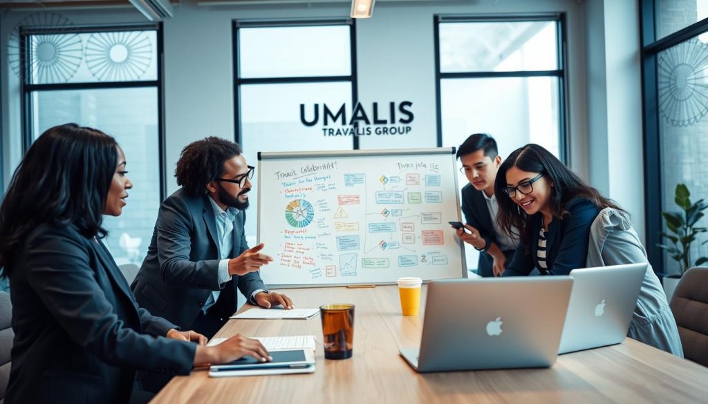 In a modern office setting, a diverse group of professionals collaborate around a large table, engaged in a brainstorming session. The foreground features three individuals - a Black woman in a tailored blazer, a Middle-Eastern man in smart casual attire, and a Hispanic woman with glasses, all exchanging ideas over digital devices. In the middle ground, a whiteboard filled with colorful diagrams and notes illustrates their collective thoughts, while laptops and coffee cups add to the atmosphere of productivity. The background shows large windows with natural light streaming in, illuminating the space and creating a warm, inviting vibe. The overall mood reflects teamwork, creativity, and innovation, aligned with the essence of "travail collaboratif." The logo "UMALIS GROUP" subtly appears on a decorative wall in the background, blending seamlessly into the professional environment. In a modern office setting, a diverse group of professionals collaborate around a large table, engaged in a brainstorming session. The foreground features three individuals - a Black woman in a tailored blazer, a Middle-Eastern man in smart casual attire, and a Hispanic woman with glasses, all exchanging ideas over digital devices. In the middle ground, a whiteboard filled with colorful diagrams and notes illustrates their collective thoughts, while laptops and coffee cups add to the atmosphere of productivity. The background shows large windows with natural light streaming in, illuminating the space and creating a warm, inviting vibe. The overall mood reflects teamwork, creativity, and innovation, aligned with the essence of "travail collaboratif." The logo "UMALIS GROUP" subtly appears on a decorative wall in the background, blending seamlessly into the professional environment.