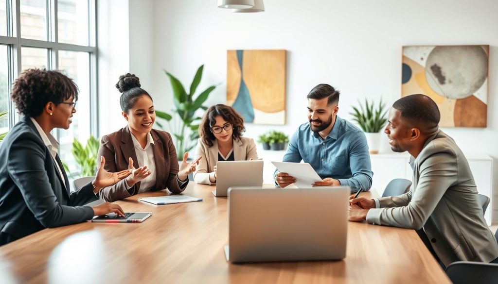 In a modern office setting, a diverse group of professionals engaged in a collaborative discussion around a large conference table. In the foreground, two individuals, a woman of African descent and a man of Asian descent, both dressed in smart business attire, gesturing and sharing ideas with enthusiasm. In the middle ground, two others take notes and look thoughtfully at a laptop displaying graphs and documents, symbolizing teamwork and strategic planning. The background features a bright, airy office space with large windows letting in natural light, plants adding greenery, and abstract art on the walls, creating a vibrant and inspiring atmosphere. The mood is focused yet optimistic, emphasizing collaboration and professional development. The image is well-lit with soft shadows, captured from a slightly elevated angle to encompass the interaction and setting. In a modern office setting, a diverse group of professionals engaged in a collaborative discussion around a large conference table. In the foreground, two individuals, a woman of African descent and a man of Asian descent, both dressed in smart business attire, gesturing and sharing ideas with enthusiasm. In the middle ground, two others take notes and look thoughtfully at a laptop displaying graphs and documents, symbolizing teamwork and strategic planning. The background features a bright, airy office space with large windows letting in natural light, plants adding greenery, and abstract art on the walls, creating a vibrant and inspiring atmosphere. The mood is focused yet optimistic, emphasizing collaboration and professional development. The image is well-lit with soft shadows, captured from a slightly elevated angle to encompass the interaction and setting.