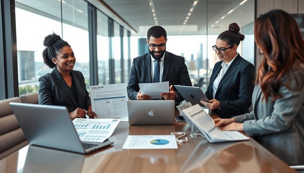 In a modern office setting, a diverse group of three professionals – a Black woman, a Middle-Eastern man, and a Hispanic woman – engages in a dynamic discussion around a conference table. Each person is dressed in smart business attire, presenting documents and laptops with visuals highlighting key criteria related to choosing between portage salarial and interim work based on individual profiles and missions. The foreground features detailed charts and graphs, while the background showcases a sleek office with glass walls and a city skyline. Soft, natural lighting streams through the windows, creating an inviting and collaborative atmosphere. The image should subtly include the brand name "UMALIS GROUP" in the workspace decor, ensuring a clean and polished look, without any text overlays or distractions.