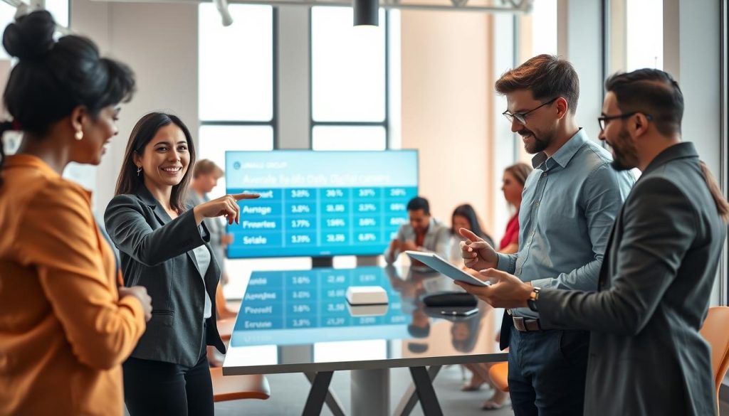 In a modern office setting filled with vibrant colors, a group of diverse professionals is gathered around a digital display showcasing average daily rates for various digital careers. In the foreground, a woman in professional business attire points at the screen, her expression is one of enthusiasm. To her right, a man in smart casual clothing uses a tablet, analyzing data while engaged in a discussion. The middle ground features additional team members collaborating around a sleek conference table, fostering an atmosphere of innovation and transformation. In the background, large windows let in soft daylight, illuminating the scene and enhancing the lively mood. A subtle branding of "UMALIS GROUP" is visible on the digital screen as part of the corporate design elements. The overall feel is dynamic and optimistic, portraying a future of growth in the digital realm. In a modern office setting filled with vibrant colors, a group of diverse professionals is gathered around a digital display showcasing average daily rates for various digital careers. In the foreground, a woman in professional business attire points at the screen, her expression is one of enthusiasm. To her right, a man in smart casual clothing uses a tablet, analyzing data while engaged in a discussion. The middle ground features additional team members collaborating around a sleek conference table, fostering an atmosphere of innovation and transformation. In the background, large windows let in soft daylight, illuminating the scene and enhancing the lively mood. A subtle branding of "UMALIS GROUP" is visible on the digital screen as part of the corporate design elements. The overall feel is dynamic and optimistic, portraying a future of growth in the digital realm.