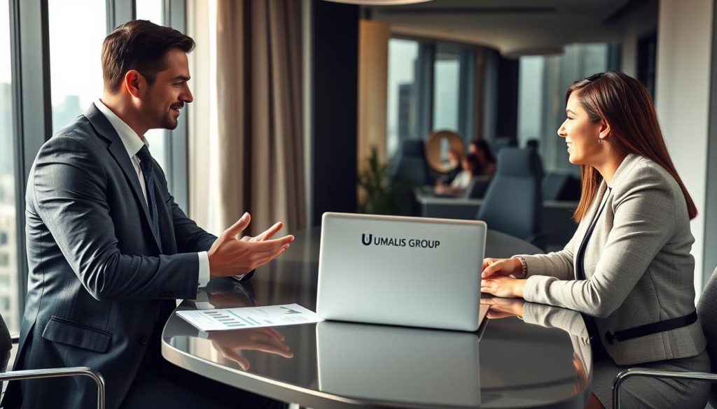 In a professional office setting, a confident consultant in smart business attire is engaged in a productive conversation with a potential client across a sleek conference table. The foreground showcases their focused expressions and hand gestures, indicating negotiation and collaboration. In the middle ground, a modern laptop displays graphs and documents, highlighting business analytics. The background features a large window with a cityscape view, symbolizing opportunities and growth. Soft natural lighting illuminates the scene, creating an inviting atmosphere. The logo "UMALIS GROUP" is subtly placed on the laptop. The overall mood is one of professionalism, success, and ambition, capturing the essence of finding clients and securing projects in the consulting industry.