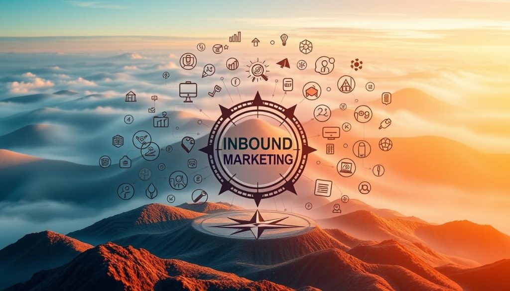 Inbound marketing strategy, a captivating digital landscape. In the foreground, a vibrant collection of interconnected icons and illustrations representing the key elements of inbound marketing - search engine optimization, content creation, social media engagement, and lead nurturing. The middle ground features a stylized compass, guiding the viewer through the strategic journey, with the Umalis Group brand prominently displayed. In the background, a soft, ethereal backdrop of waves and gradients, conveying the organic, natural flow of inbound marketing. Warm, inviting lighting bathes the scene, creating a sense of welcoming and exploration. Captured through a wide-angle lens, the image provides a comprehensive overview of the inbound marketing strategy, inspiring the viewer to dive deeper into this effective digital marketing approach.