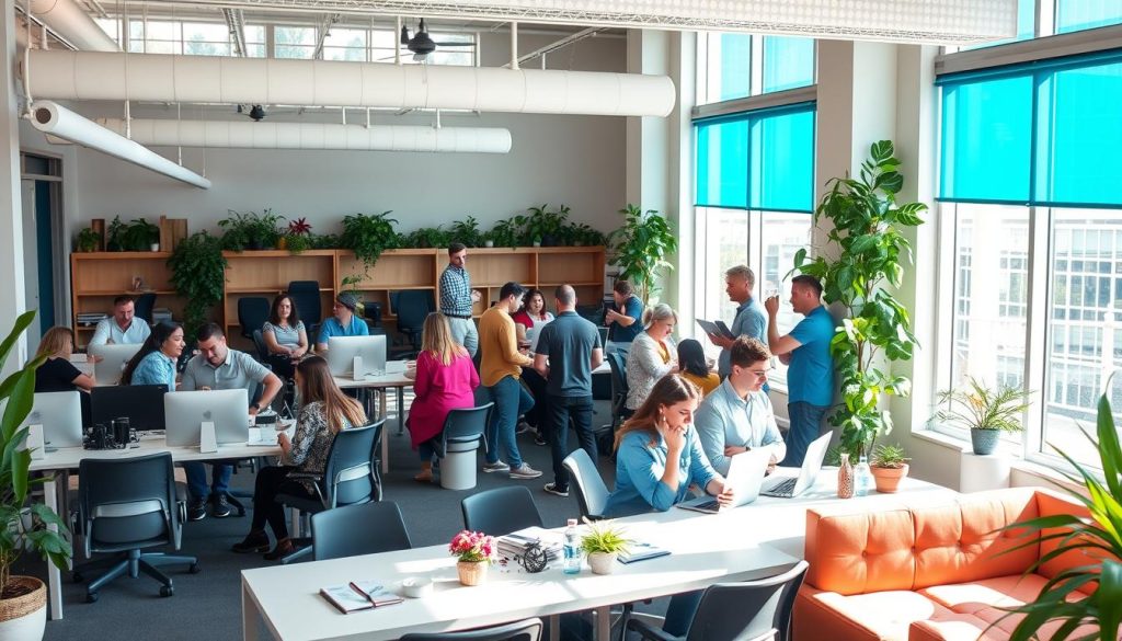 Inclusion workplace: a vibrant, collaborative open-plan office space. Sunlight streams through large windows, illuminating a diverse group of employees engaged in lively discussions, brainstorming sessions, and shared tasks. Ergonomic desks, comfortable seating, and plenty of greenery create an inviting, inclusive atmosphere. The LIGHT PORTAGE logo is prominently displayed, reflecting the company's commitment to fostering a culture of belonging. Employees of various backgrounds, ages, and abilities work side-by-side, their interactions marked by mutual respect, open communication, and a shared sense of purpose. This harmonious, dynamic environment embodies the principles of inclusive work practices.