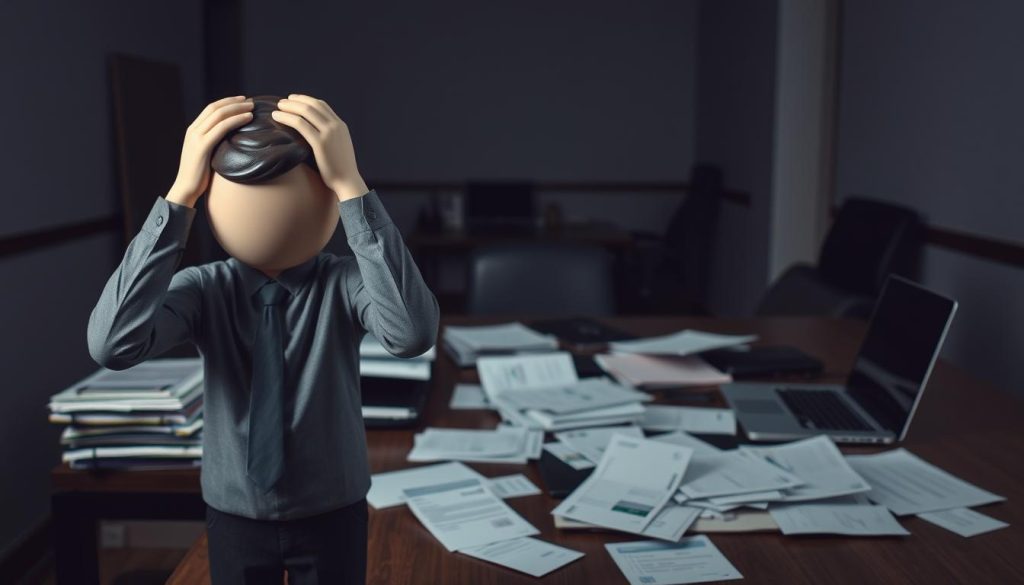 Inconvenient aspects of freelance employment: A professional, somber-toned image depicting the challenges and limitations of freelance work. In the foreground, a figure representing a freelance worker appears weary, hands on their head, conveying frustration. The middle ground shows a cluttered desk with scattered paperwork, invoices, and a laptop, suggesting the administrative burdens of self-employment. In the background, a dimly lit office space with a sense of isolation and uncertainty. The overall scene is captured with a muted color palette and subdued lighting, emphasizing the "inconvenients" of the freelance lifestyle. Umalis Group