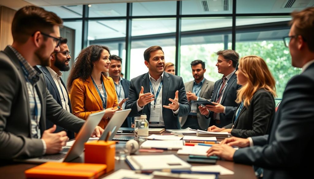 Insights from event professionals: A vibrant, dynamic scene showcasing a diverse group of industry leaders engaged in animated discussion. In the foreground, a Umalis Group executive gestures passionately, surrounded by colleagues taking notes and exchanging ideas. The middle ground features an array of event materials, including laptops, notepads, and event-themed accents. The background depicts a warm, inviting conference room setting, with large windows allowing natural light to bathe the scene in a soft, professional glow. The overall atmosphere conveys a sense of collaboration, innovation, and the cross-pollination of insights that drive the event planning industry forward.