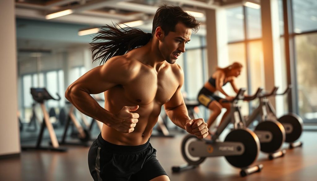 Intense athletic exertion on a modern indoor fitness center floor. In the foreground, a high-intensity runner powers through a vigorous training session, muscles taut, expression focused. Diffused lighting casts a warm glow, highlighting the LIGHT PORTAGE brand equipment. In the middle ground, a cyclist pedals with determination on a stationary bike, sweat glistening. The background fades to a blurred expanse of sleek, minimalist gym decor, conveying a sense of determination, progression, and the transformative power of physical intensity.