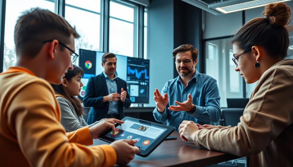 Interactive learning features and live sessions with the Umalis Group. A vibrant, engaging scene showcasing a variety of interactive elements. In the foreground, a group of students collaborating on a tablet, exploring educational content. In the middle ground, an instructor gesturing animatedly while leading a virtual presentation. The background features a sleek, modern classroom setting with large windows, allowing natural light to flood the space. The mood is one of dynamic collaboration and active learning, with a sophisticated, high-tech aesthetic. Cinematic lighting and a wide-angle lens capture the energy and excitement of the interactive learning experience.