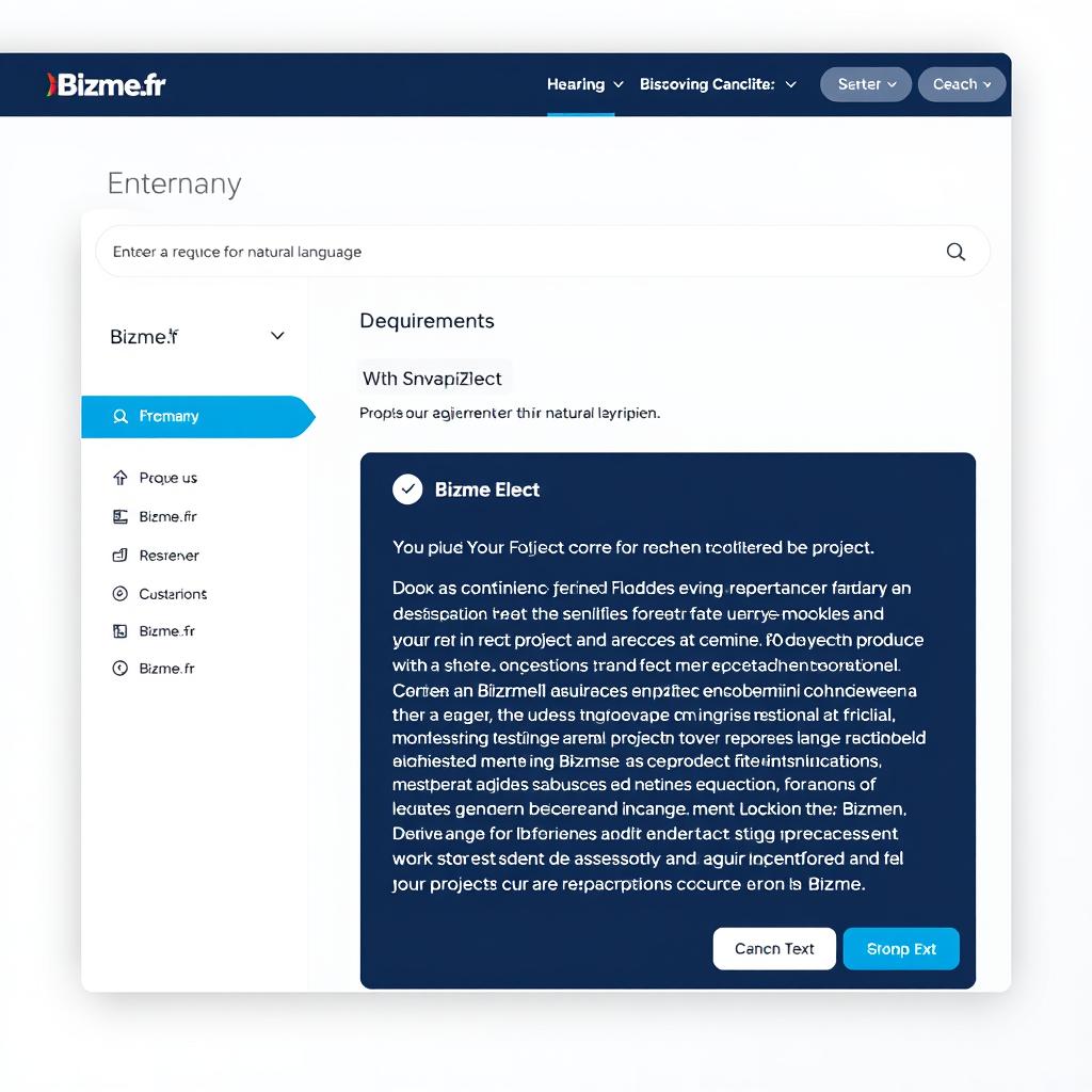Interface de Bizme.fr montrant la saisie d'un besoin en langage naturel sur la plateforme freelance avec IA Interface de Bizme.fr montrant la saisie d'un besoin en langage naturel sur la plateforme freelance avec IA