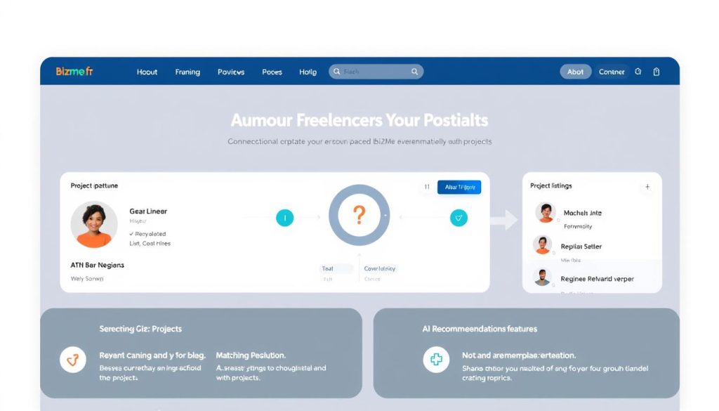 Interface de la plateforme BizMe.fr montrant le matching IA dans l'écosystème freelances Interface de la plateforme BizMe.fr montrant le matching IA dans l'écosystème freelances