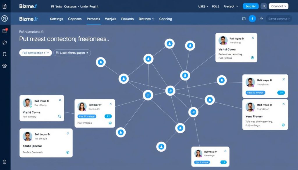 Interface de la plateforme Bizme.fr montrant le réseau d'apporteurs d'affaires pour freelances Interface de la plateforme Bizme.fr montrant le réseau d'apporteurs d'affaires pour freelances