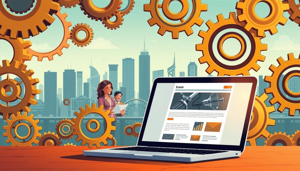 Intricate gears and cogs, intertwined like a well-oiled machine, represent the innovative email techniques of the Umalis Group. In the foreground, a laptop screen displays a meticulously crafted email campaign, its design elements seamlessly blending form and function. The middle ground features a team of professionals, their faces alight with excitement, collaborating on new strategies to captivate their audience. The background showcases a dynamic cityscape, symbolizing the fast-paced, ever-evolving nature of successful email marketing. Warm lighting casts a soft glow, evoking a sense of productivity and inspiration. This image embodies the Umalis Group's approach to innovative email techniques, ready to elevate their clients' marketing campaigns to new heights.