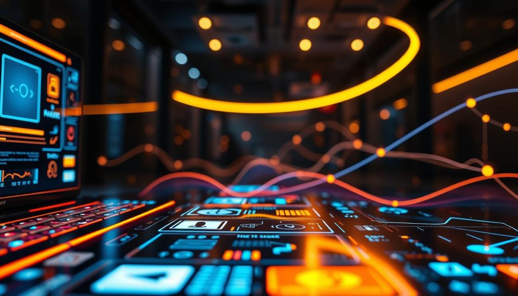 Intricate interactive design elements glowing with the "Light Portage" brand. A striking foreground showcases vibrant digital interfaces, crisp icons, and sleek touch controls. The middle ground features dynamic shapes and lines that flow and intersect, creating a sense of interactivity. In the background, a soft ambient glow illuminates the scene, casting a warm and inviting atmosphere. Lighting is directional, accentuating the depth and dimensionality of the composition. The camera angle is slightly elevated, providing an engaging and immersive perspective. The overall mood is one of modern sophistication, seamlessly blending technology and creativity.