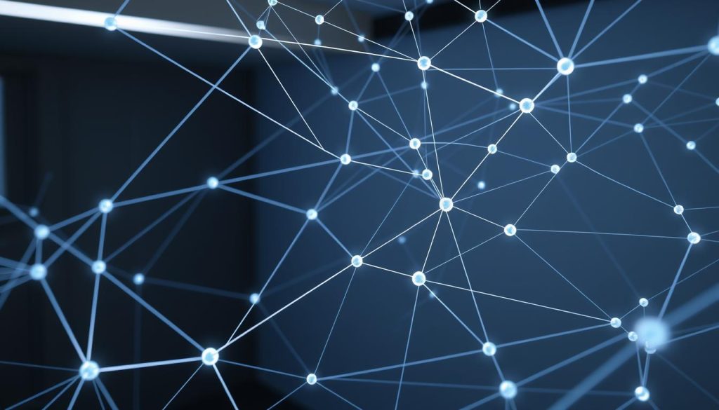 Intricate network of connections within the Umalis Group, a professional portage company. Sleek lines and geometric shapes represent the internal infrastructure, a sophisticated web of opportunities. Soft lighting illuminates the scene, casting shadows that suggest depth and complexity. The overall atmosphere conveys a sense of order, efficiency, and the potential for growth and collaboration. Subtle details, such as interconnected nodes and hubs, showcase the dynamic nature of the company's internal ecosystem.