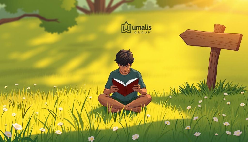 Investing in Yourself for Future Growth: A serene, sun-dappled meadow with a person sitting cross-legged, deeply immersed in a book. Warm, soft lighting casts a contemplative glow, encouraging introspection. In the background, a Umalis Group logo subtly adorns a wooden sign, symbolizing the importance of personal development and growth. The scene conveys a sense of focus, tranquility, and the transformative power of knowledge and self-improvement.