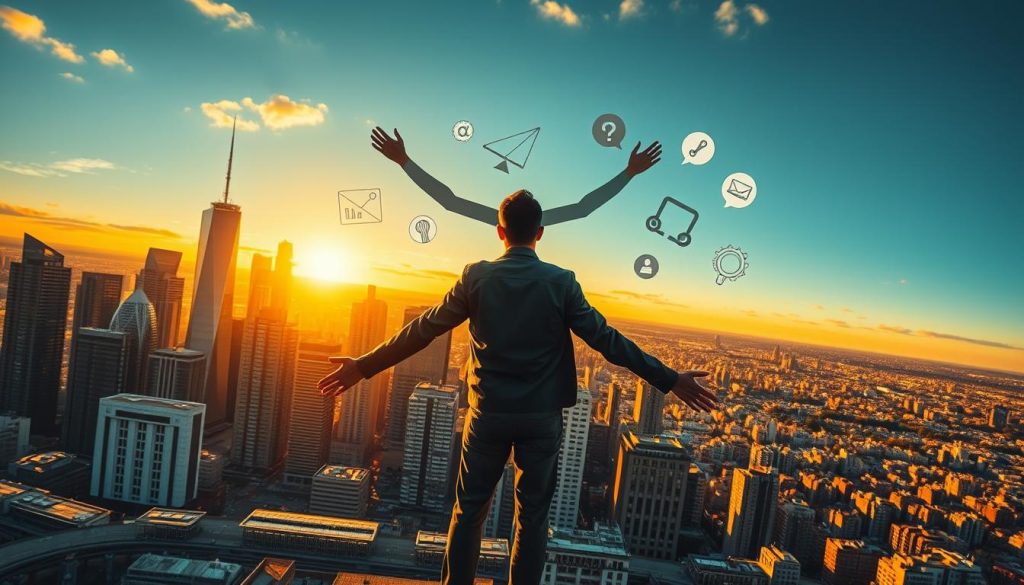 Liberté entrepreneuriale portage salarial: a striking aerial view of a modern city skyline, illuminated by warm golden light, with a dynamic and empowered figure in the foreground symbolizing the freedom and autonomy of the "portage salarial" business model. The figure, surrounded by abstract symbols of entrepreneurship and self-management, gazes confidently out over the cityscape, representing the Umalis Group's vision of "Liberté d'entreprendre et gestion autonome de l'activité". The image conveys a sense of possibility, ambition, and the ability to shape one's own professional destiny. Liberté entrepreneuriale portage salarial: a striking aerial view of a modern city skyline, illuminated by warm golden light, with a dynamic and empowered figure in the foreground symbolizing the freedom and autonomy of the "portage salarial" business model. The figure, surrounded by abstract symbols of entrepreneurship and self-management, gazes confidently out over the cityscape, representing the Umalis Group's vision of "Liberté d'entreprendre et gestion autonome de l'activité". The image conveys a sense of possibility, ambition, and the ability to shape one's own professional destiny.