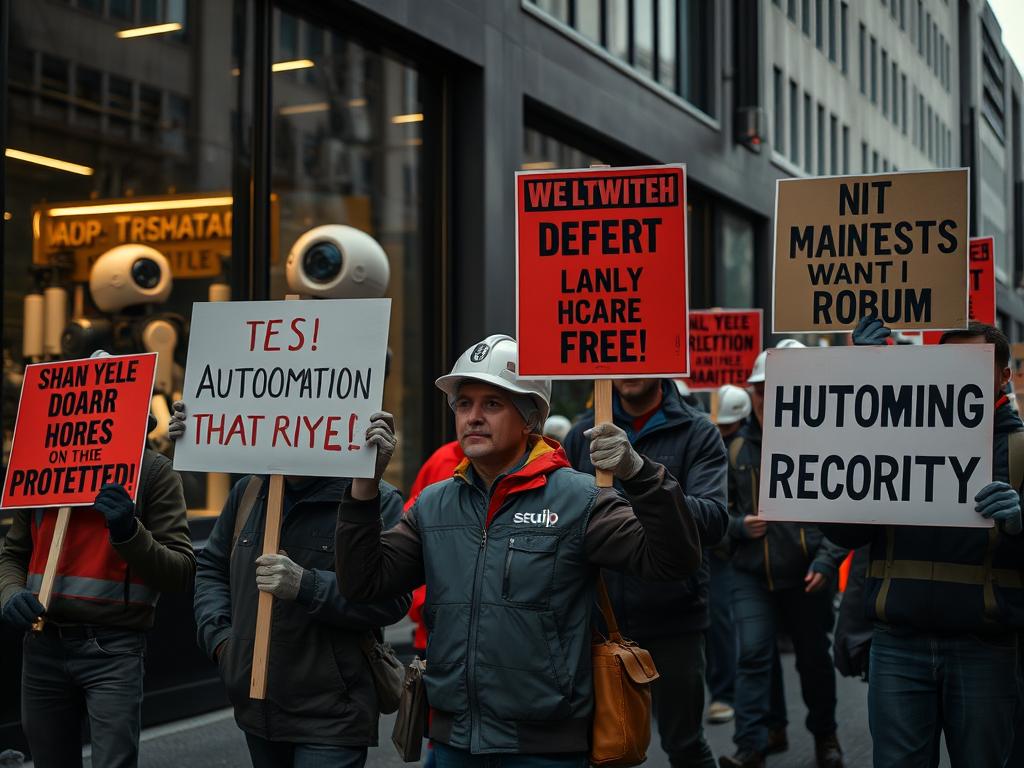 Manifestation de travailleurs inquiets face à l'automatisation par les robots humanoïdes, illustrant les tensions sociales potentielles
