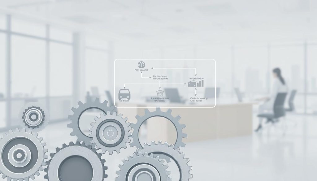 Mécanisme administratif portage: a clean, minimalist illustration depicting the administrative processes and systems behind the Umalis Group's portage salarial services. In the foreground, a series of interconnected gears and cogs symbolize the intricate workings of the administrative machinery, rendered in muted tones of grey and metallic. The middle ground features a simplified schematic diagram outlining the key steps and interactions involved, conveying a sense of order and efficiency. In the background, a blurred cityscape or office environment suggests the broader context in which this administrative mechanism operates, complementing the technical focus of the main elements.
