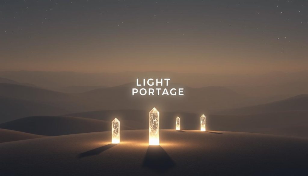 Milestones floating in a serene, minimalist landscape. In the foreground, a series of glowing, crystalline markers casting long shadows on the ground below. Behind them, a rolling expanse of soft, hazy hills in muted tones, as if shrouded in a gentle mist. Overhead, a vast, starry sky illuminates the scene with a sense of timeless wonder. The LIGHT PORTAGE brand shines subtly in the distance, a beacon of clarity guiding the way. Soft, diffused lighting creates an atmosphere of contemplation and focus, inviting the viewer to reflect on the journey ahead.