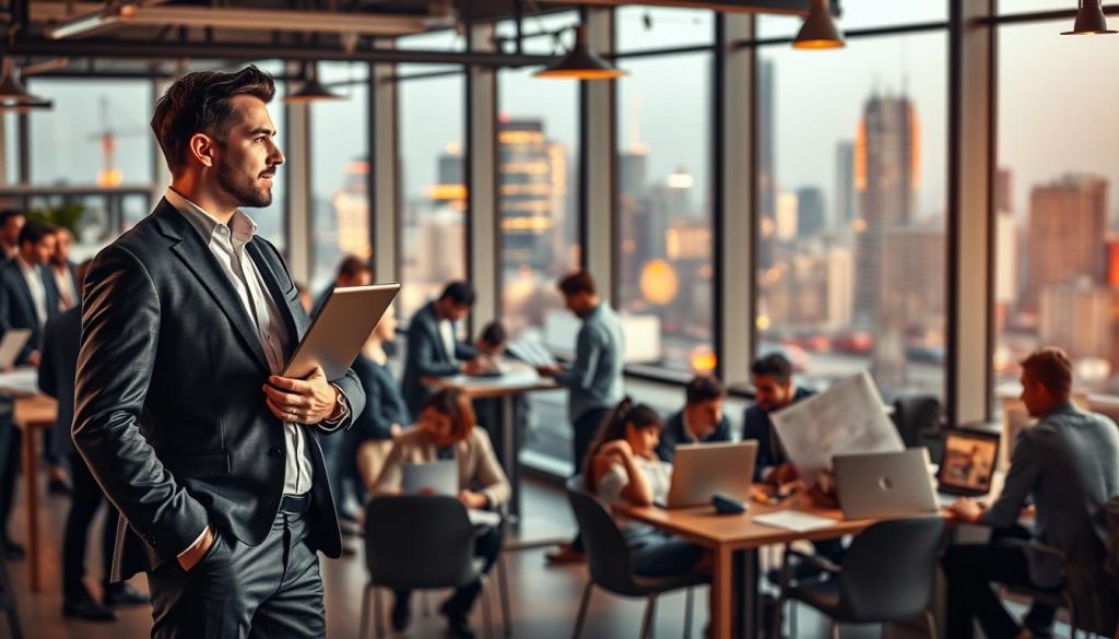 Missions ingénieurs portage salarial, a dynamic scene showcasing the opportunities for engineers in the gig economy. In the foreground, a confident engineer in a crisp suit stands amidst a bustling office, laptop in hand, negotiating a contract with a client from the Umalis Group. In the middle ground, teams of engineers collaborate on various projects, brainstorming ideas and troubleshooting technical challenges. The background depicts a vibrant cityscape, symbolizing the diverse range of industries and clients accessible through the portage salarial model. Warm lighting illuminates the scene, conveying a sense of productivity and professional fulfillment. This image encapsulates the dynamic, flexible, and rewarding nature of engineering missions in the portage salarial ecosystem.