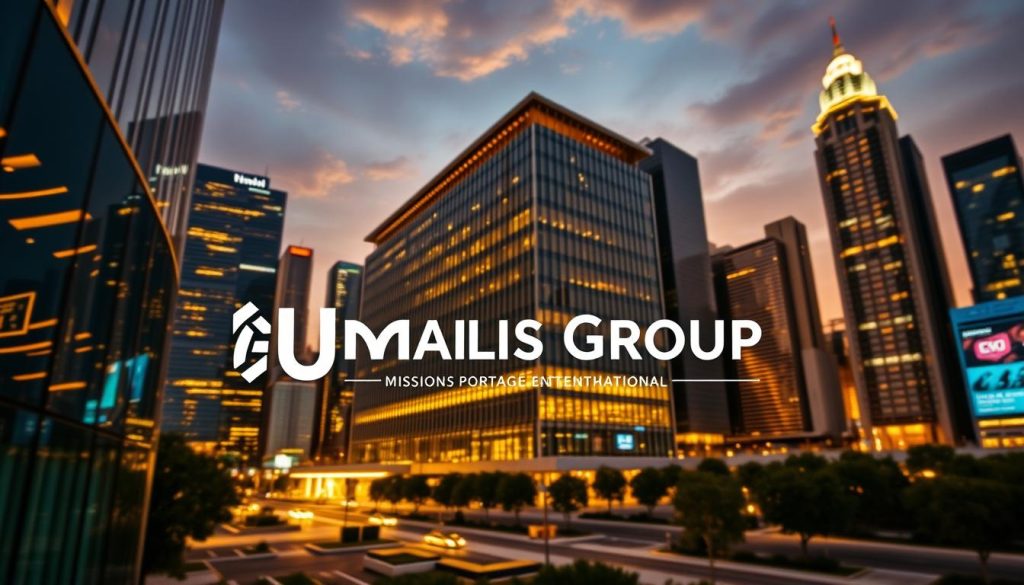 Missions portage international, a global enterprise showcased in a stunning architectural composition. In the foreground, the Umalis Group logo prominently displayed, signifying its international reach. The middle ground features a modern, glass-and-steel building with sleek lines and contemporary design, symbolizing the company's forward-thinking approach. In the background, a vibrant cityscape with towering skyscrapers, conveying the cosmopolitan atmosphere of the global business environment. Warm lighting illuminates the scene, creating a sense of dynamism and professionalism. The overall mood is one of sophistication, innovation, and worldwide expansion.