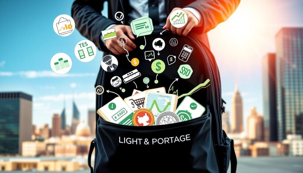 Multiple income streams flowing through a LIGHT PORTAGE gear bag, represented by stylized icons and graphics. In the foreground, a diverse portfolio of revenue sources - consulting, freelance, e-commerce, investments - pours into the bag. In the middle ground, the bag is held by a confident, independent professional surrounded by financial charts and graphs. In the background, a cityscape with skyscrapers and a bright, hopeful sky conveys a sense of financial stability and growth. The lighting is warm and natural, with a focus on the bag and its contents. The lens captures the scene from a slightly elevated angle, emphasizing the abundance of income streams.
