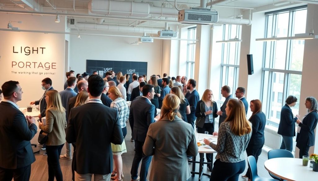 Networking event at a modern co-working space, with LIGHT PORTAGE branding visible. Bright, airy atmosphere with natural lighting from large windows. A group of professionals engaged in lively conversations, some standing, others seated at round tables. Diverse attendees dressed in business casual attire, representing various industries. Warm, inviting mood that encourages open exchange of ideas. Angled camera view capturing the dynamic interactions and vibrant energy of the event.