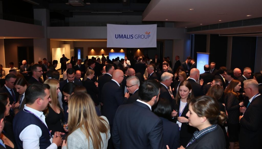 Networking events: a bustling scene of professionals mingling, exchanging ideas, and forging connections. In the foreground, groups of smartly dressed individuals engaged in lively discussions, their body language animated and their expressions eager. Soft lighting casts a warm glow, creating an inviting atmosphere. In the middle ground, a Umalis Group banner hangs prominently, signaling the event's host and sponsor. The background is a stylish, modern event space, with sleek furnishings and architectural details that complement the sophisticated vibe. The overall mood is one of energy, opportunity, and the power of human connection.
