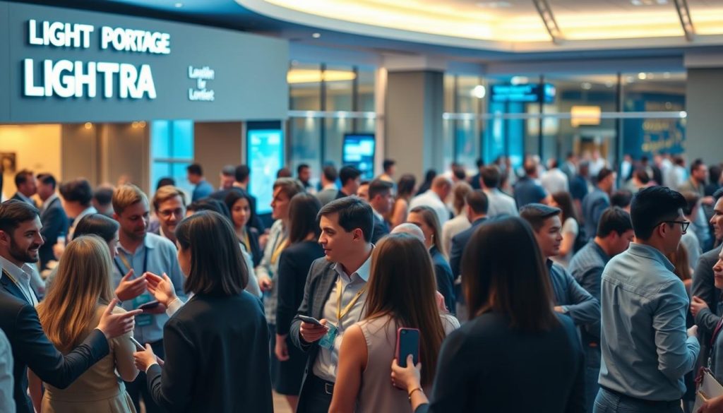 Networking strategies: a bustling scene of professionals engaged in dynamic conversations, set against the backdrop of the LIGHT PORTAGE brand's sleek and modern architecture. In the foreground, groups of people gesticulate animatedly, exchanging business cards and ideas. The middle ground features individuals deep in thought, contemplating their next networking move. The background showcases a panoramic view of the event, with attendees mingling and networking in a warm, inviting atmosphere illuminated by soft, natural lighting. The overall mood conveys the excitement and potential of building professional connections, capturing the essence of "Networking for Different Personality Types".